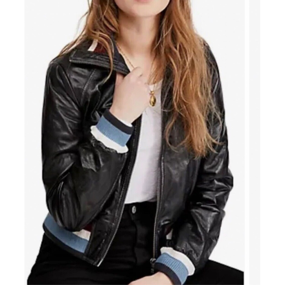Free People Leather Bomber Jacket Women's Size XS Black New